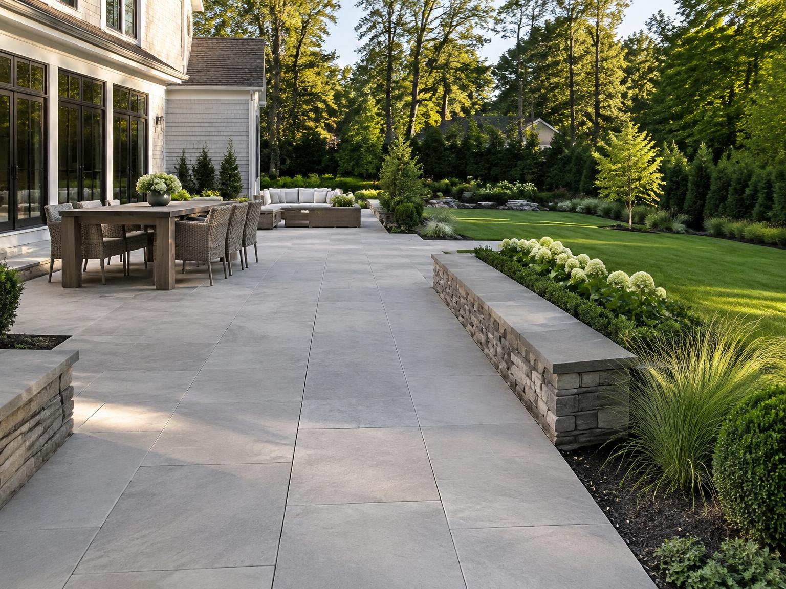 Large-format porcelain patio with stone seat wall, dining area and planting